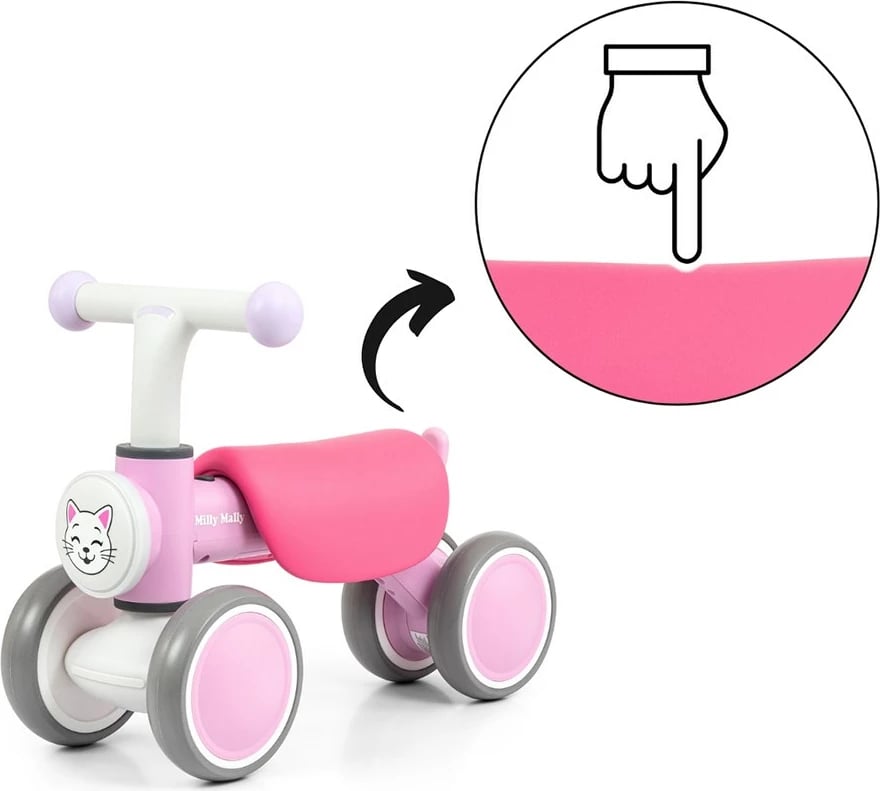biçikletë pa pedale, Milly Mally, York, 4 rrota EVA 16 cm, dritë LED dhe tinguj, 12–36 muaj, rozë