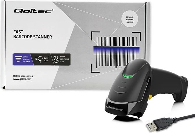 Skaner barkodesh me lazer Qoltec 50853, 1D/2D, i zi/verdhe, me kabllo USB