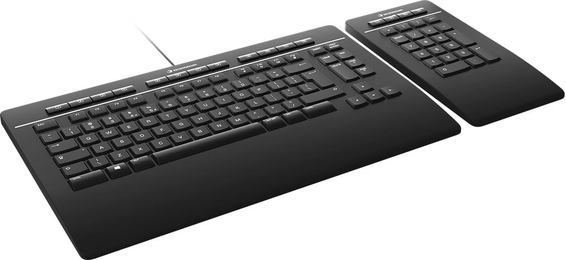 Tastierë 3Dconnexion Keyboard Pro, Numpad i ndarë, Full-size, Wired & Wireless, USB + RF Wireless + Bluetooth, Scissor key switch, QWERTZ, E zezë