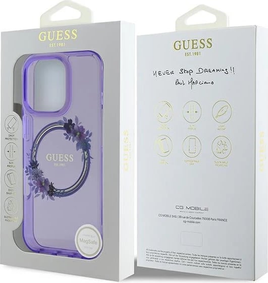 Mbështjellës Guess IML Flowers Wreath MagSafe për iPhone 16 Pro, Vjollcë