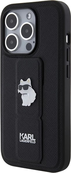 Mbështjellës Karl Lagerfeld Gripstand Saffiano Choupette Pins për iPhone 14 Pro Max, i zi