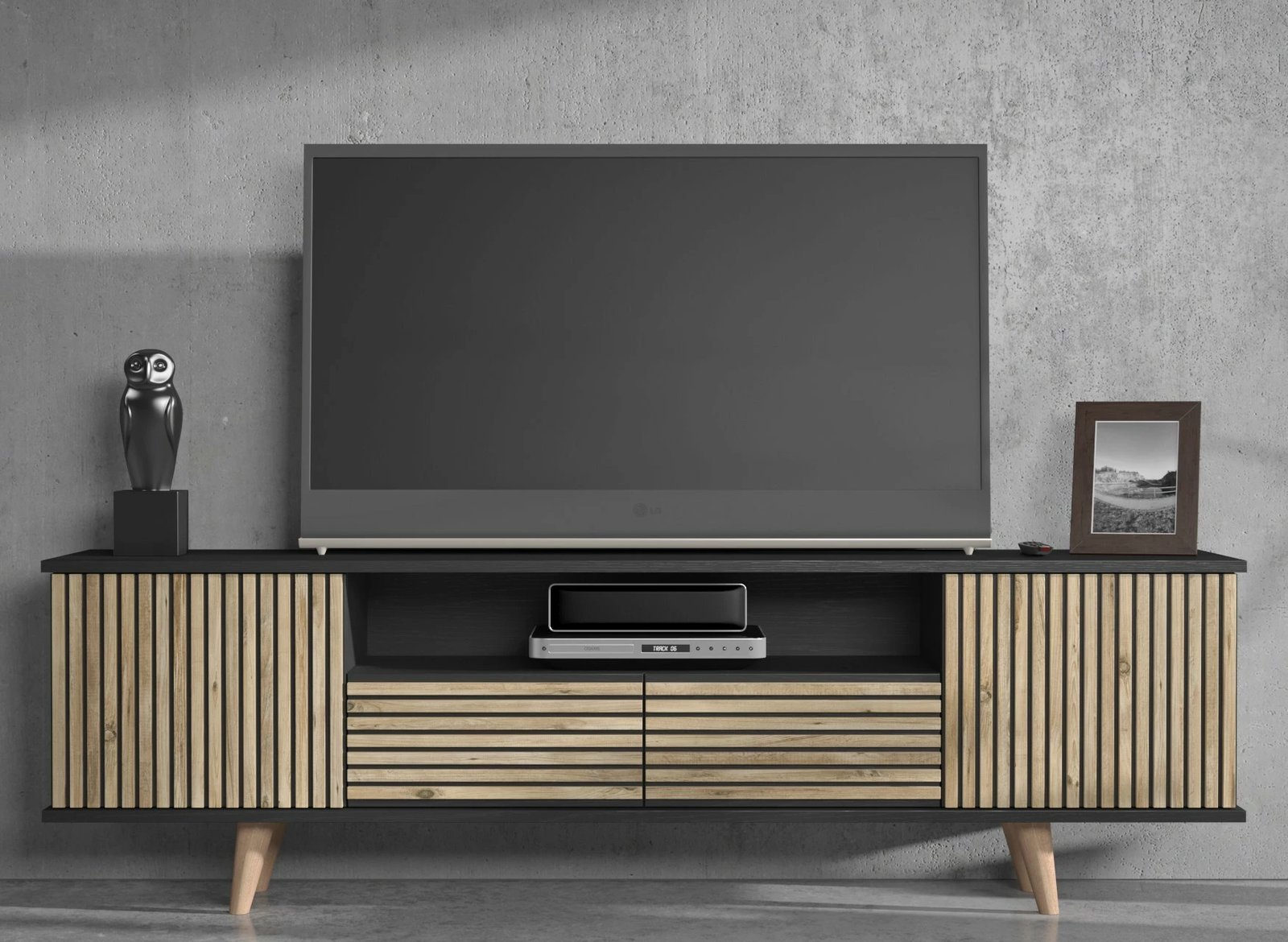 Komodë TV Hanah Home, FRN-9000, ngjyrë druri, e zezë, Atlantic Pine, 180x55x35cm