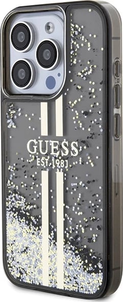Mbështjellës Guess Liquid Glitter Gold Stripes për iPhone 15 Pro, i zi Mbështjellës Guess Liquid Glitter Gold Stripes për iPhone 15 Pro, i zi