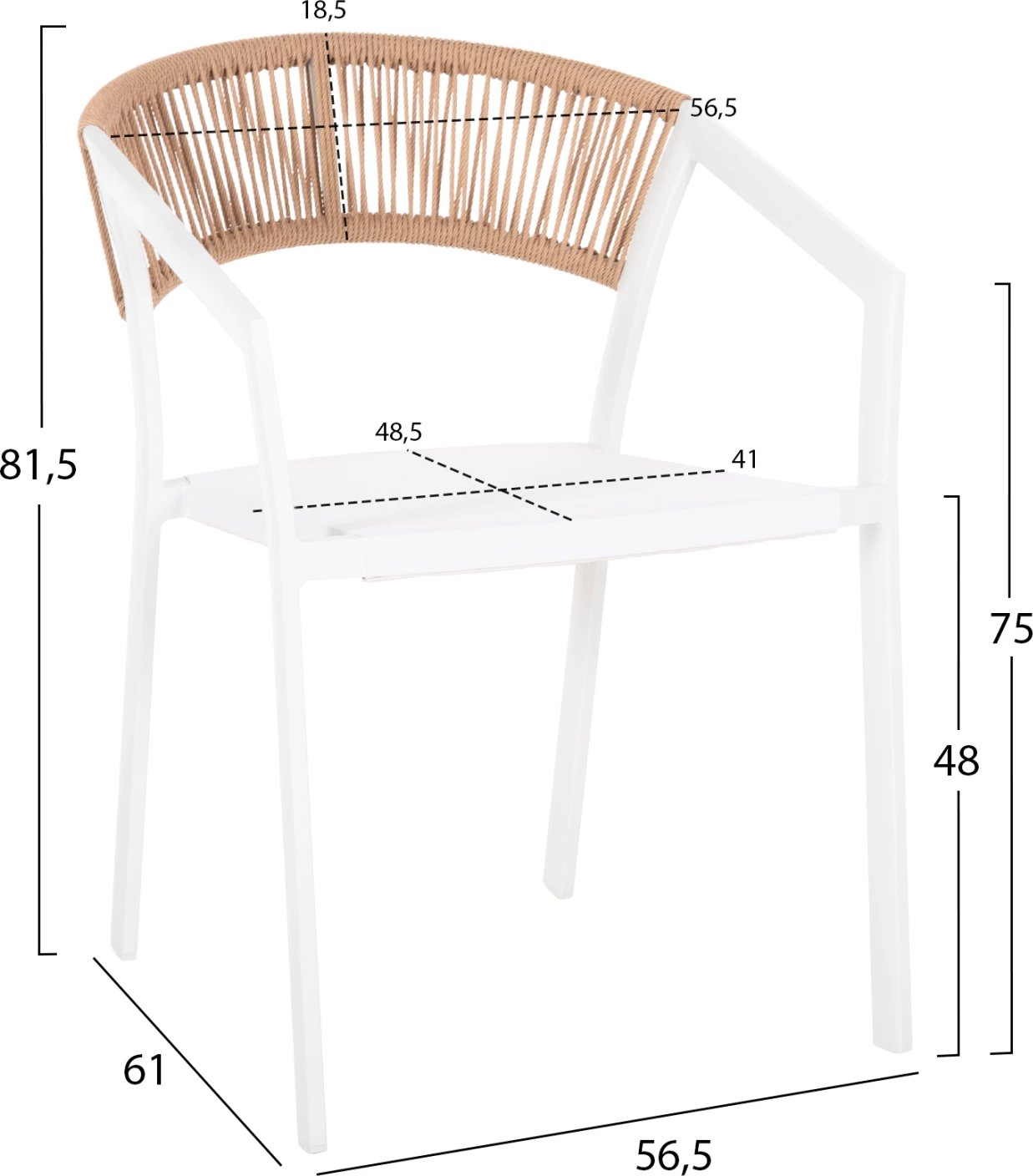 Karrige alumini FH5891.22, kornizë e bardhë dhe tekstil, mbështetëse ratan bezhë, 57x63x82H cm