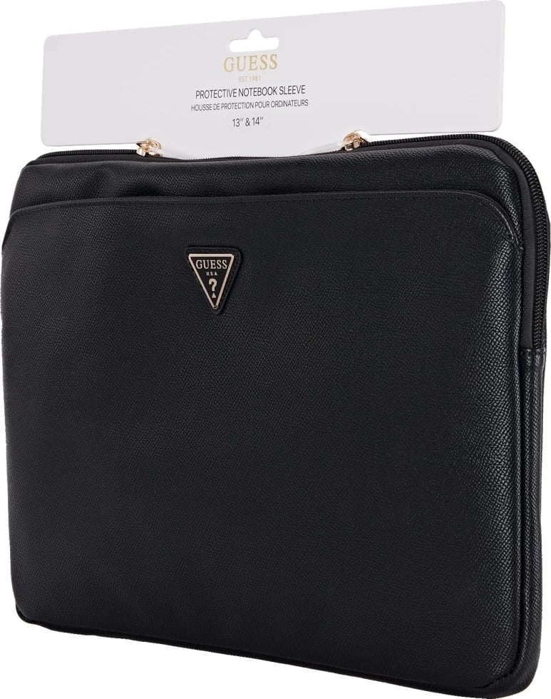 Çantë laptopi Guess Grained Zipper Pocket Triangle Logo 14", e zezë