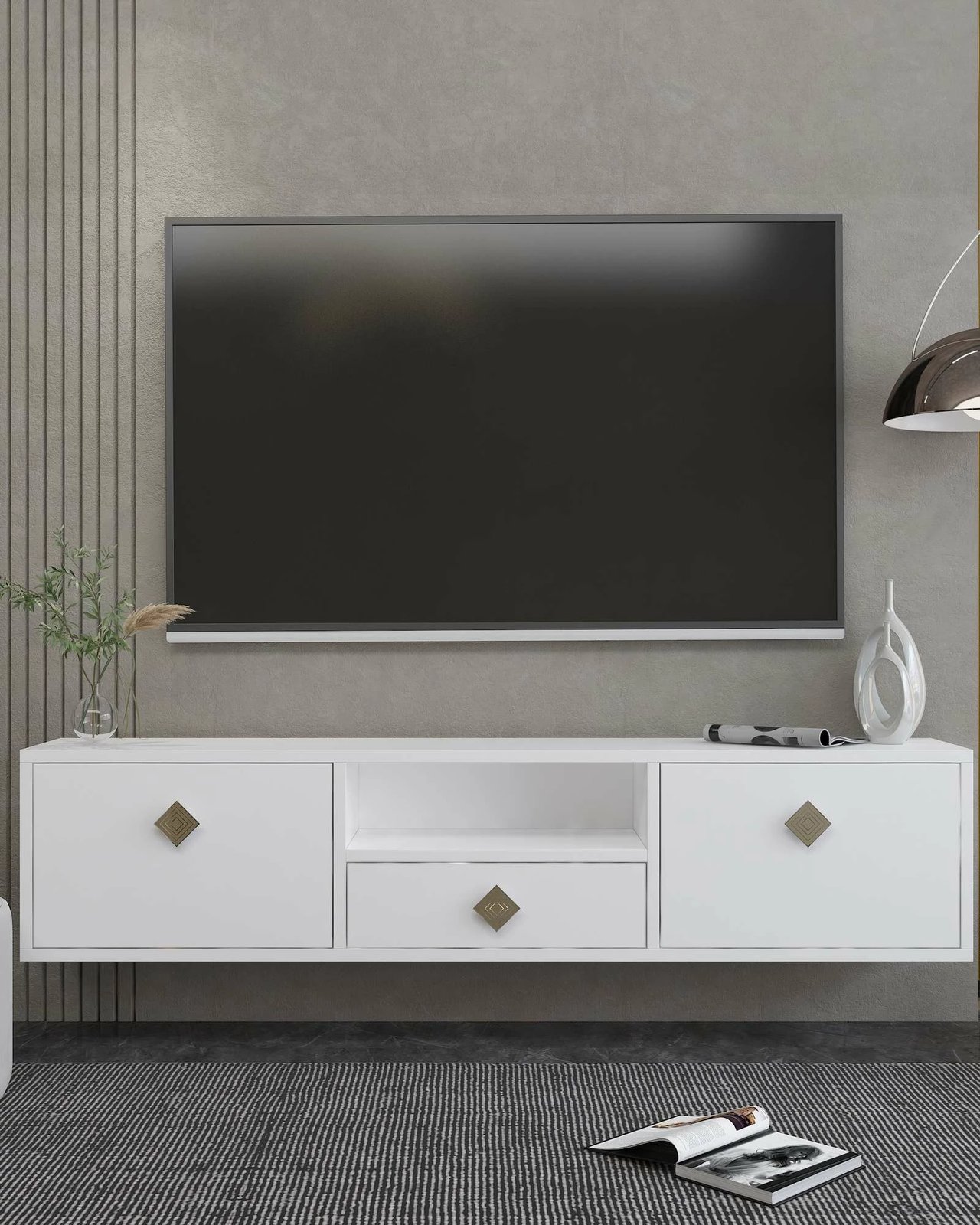 Komodë TV Skye Decor, e bardhë, e artë, 1305-DROP-1