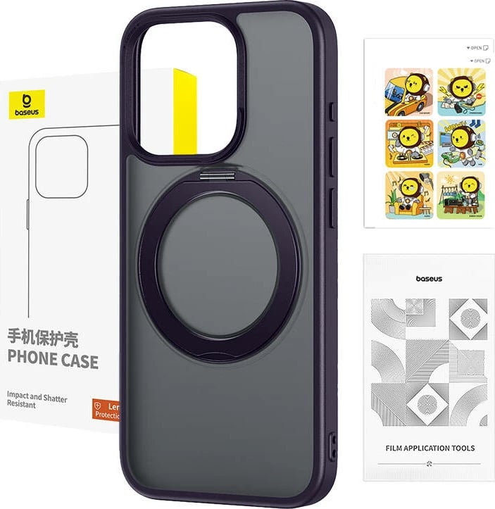 Mbështjellës Baseus SkyRing Magnetic për iPhone 14 Pro Max, me këmbë mbështetëse, xham të temperuar dhe set pastrimi, vjollcë