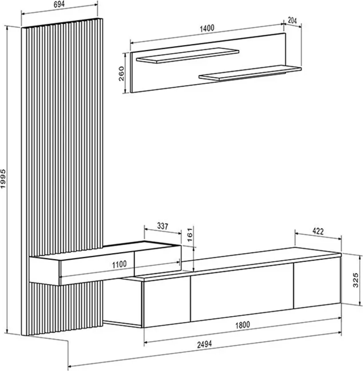 Kompleti i mobiljeve për TV DORT FH18076.01 melaminë, sonama-bardhë, 249.5x42.2x199.5H cm