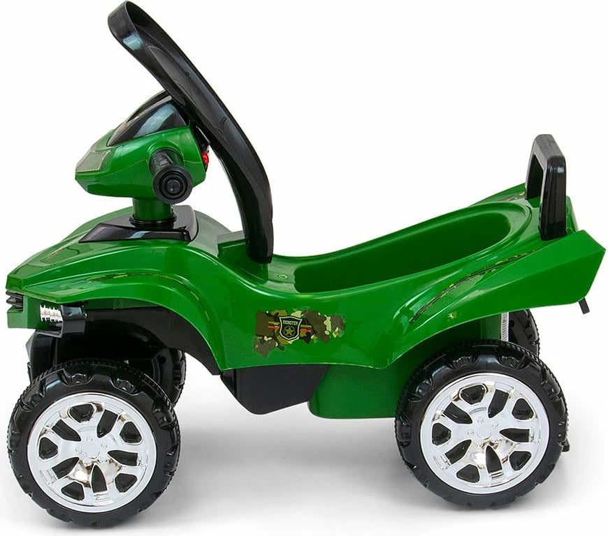 Katër-rrotësh lodër për fëmijë Milly Mally Monster Military me timon interaktiv dhe tinguj, nga 12m+, ngarkesë 25 kg, jeshile