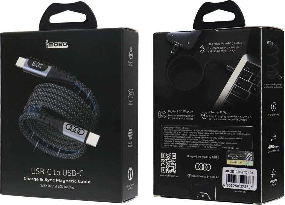 Kabllo USB-C/USB-C Audi 2.0, 1.2m, 60W, Ekran LCD, e zezë