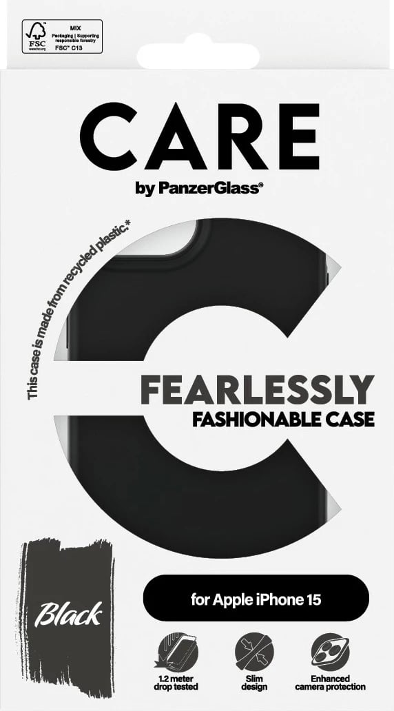 Mbështjellës PanzerGlass CARE Case për iPhone 15, e zezë