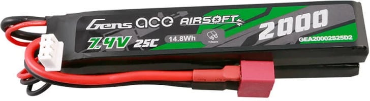 Bateri LiPo Gens ace GEA20002S25D2 për Airsoft, 2000mAh, 7.4V, Mini Deans Plug, e zezë