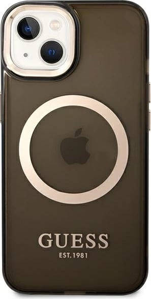 Mbështjellës Guess Gold Outline Translucent MagSafe për iPhone 14 Plus 6.7", i zi/me të artë