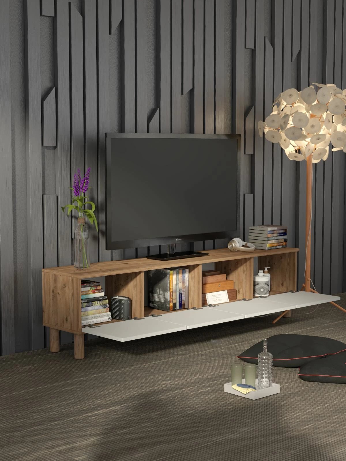 Komodë për TV, Skye Decor, Bellora, ngjyrë pishë Atlantike dhe e bardhë