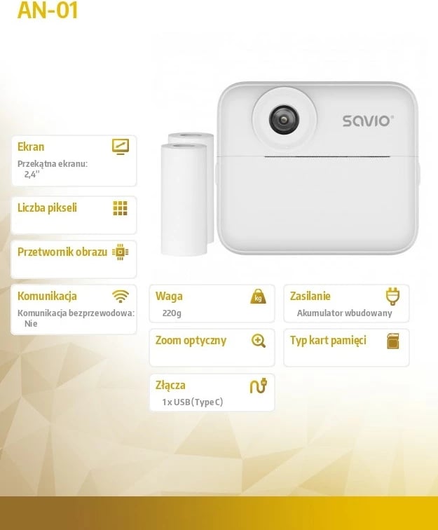 Kamerë instant Savio AN-01 48MP, ekran 2.4", video AVI, printim termik pa bojë, e bardhë, set me 2 rrolla