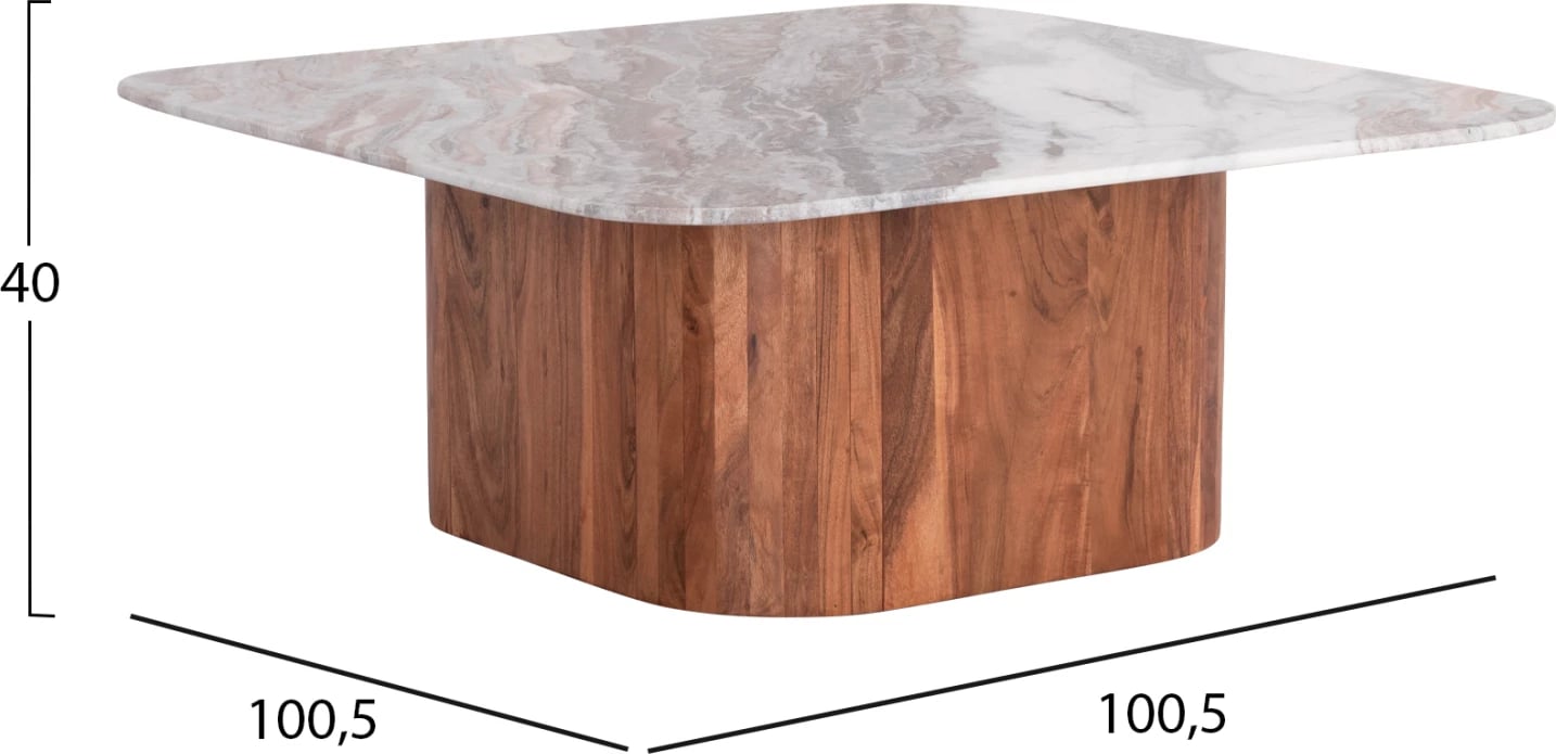 Tavolinë kafeje katrore VOLTI FH18000 mermer gri-dru akacie 100.5x100.5x40Hcm.