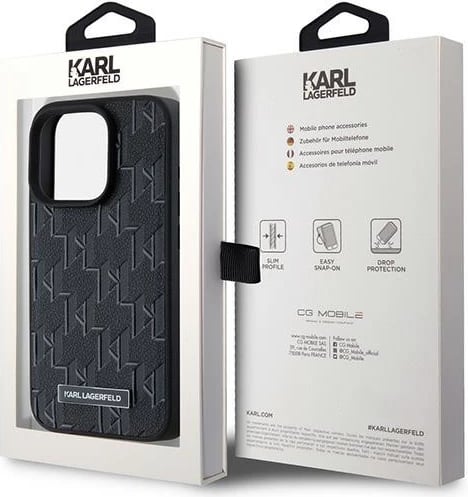Mbështjellës Karl Lagerfeld Leather Monogram Metal Logo për iPhone 15 Pro Max, i zi