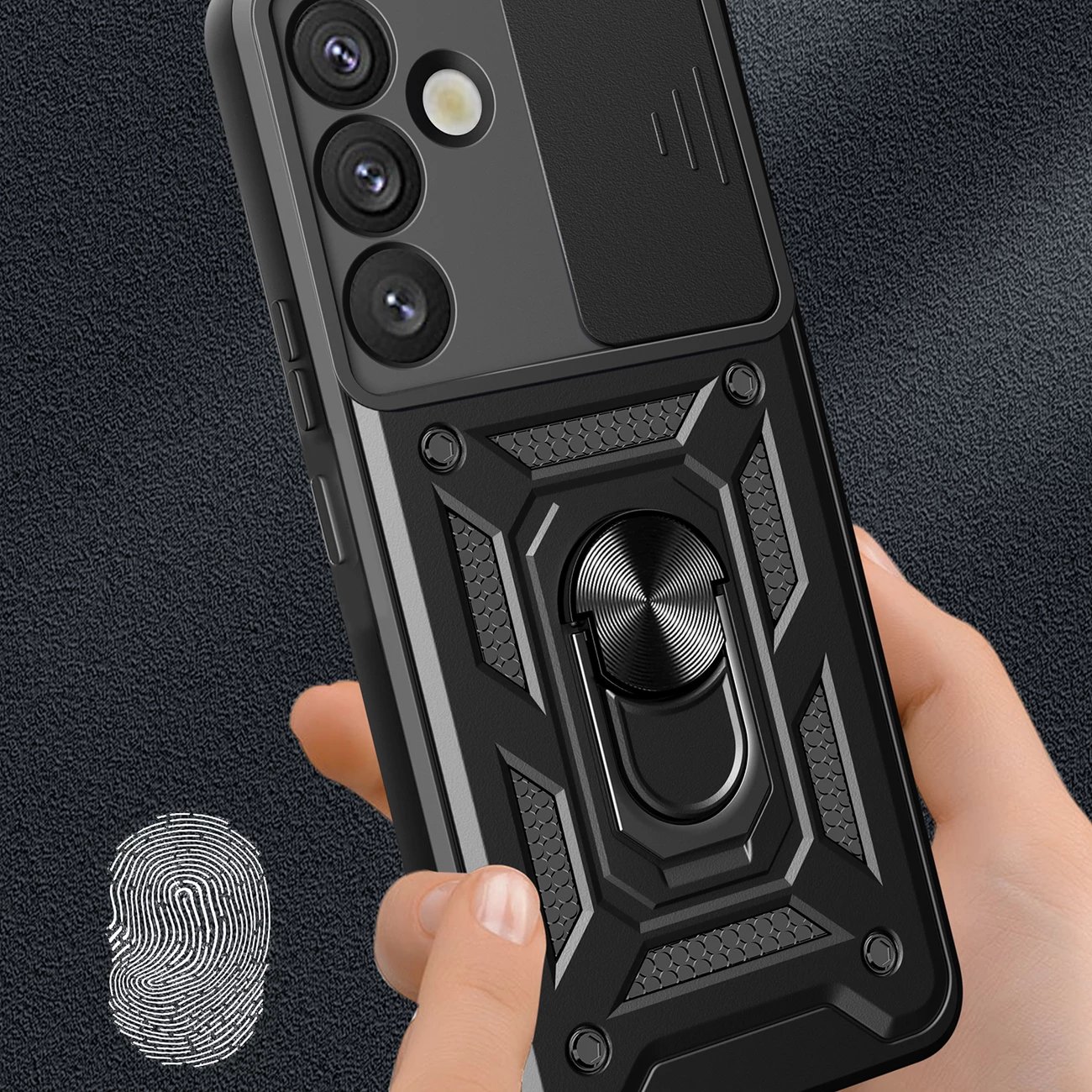Mbështjellës Hurtel Hybrid Armor Camshield me kapak kamere dhe unazë metalike për Samsung Galaxy S25+, Zi