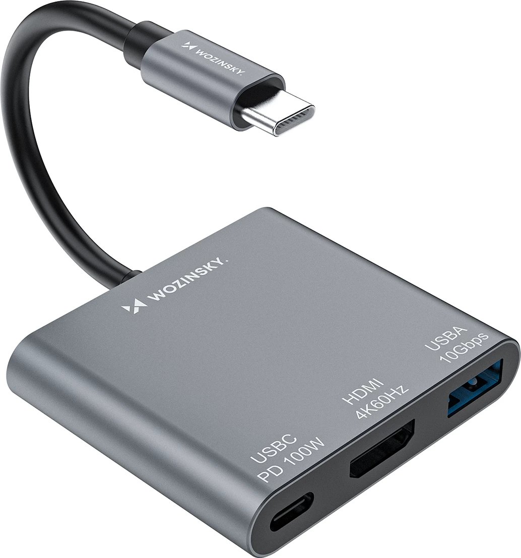 Hub USB-C Wozinsky WHCH-01 PD 100W HDMI 4K@30Hz USB-A 10Gbps, gri