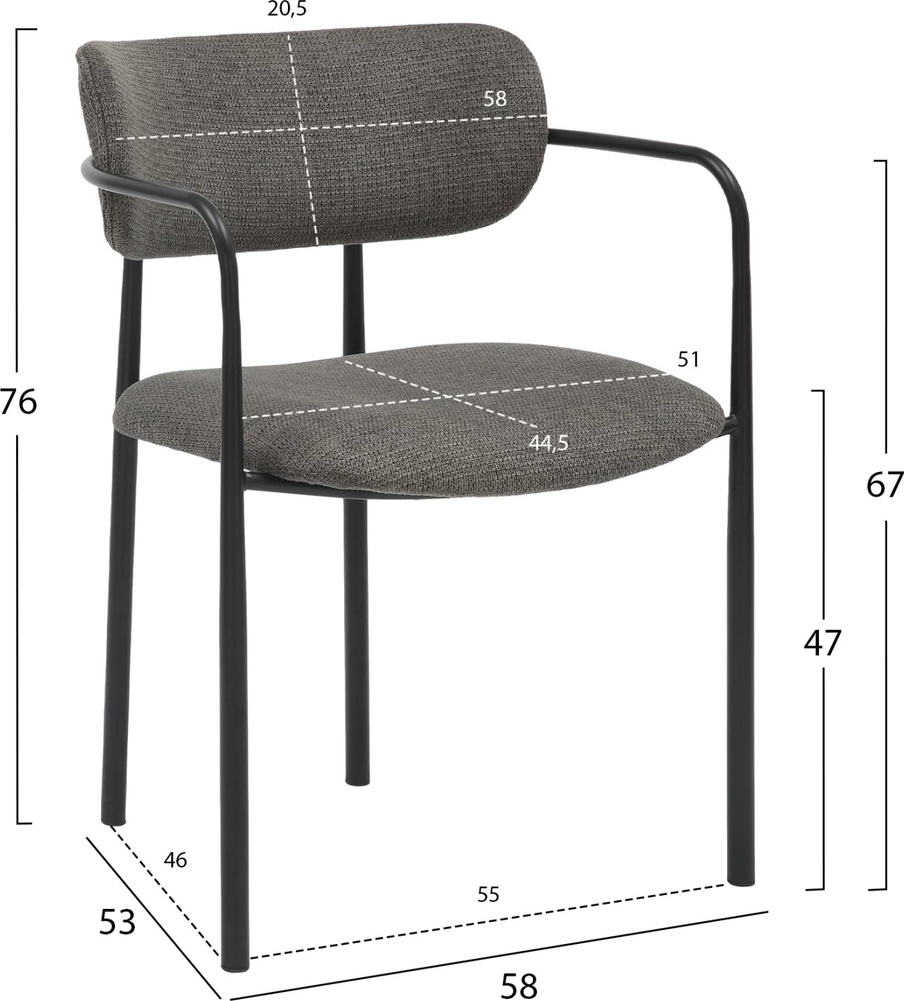 Karrige për ngrënie KRITTER FH9994.02 metal i zi-pëlhurë gri e errët 58x53x76Hcm, set prej 2 copash