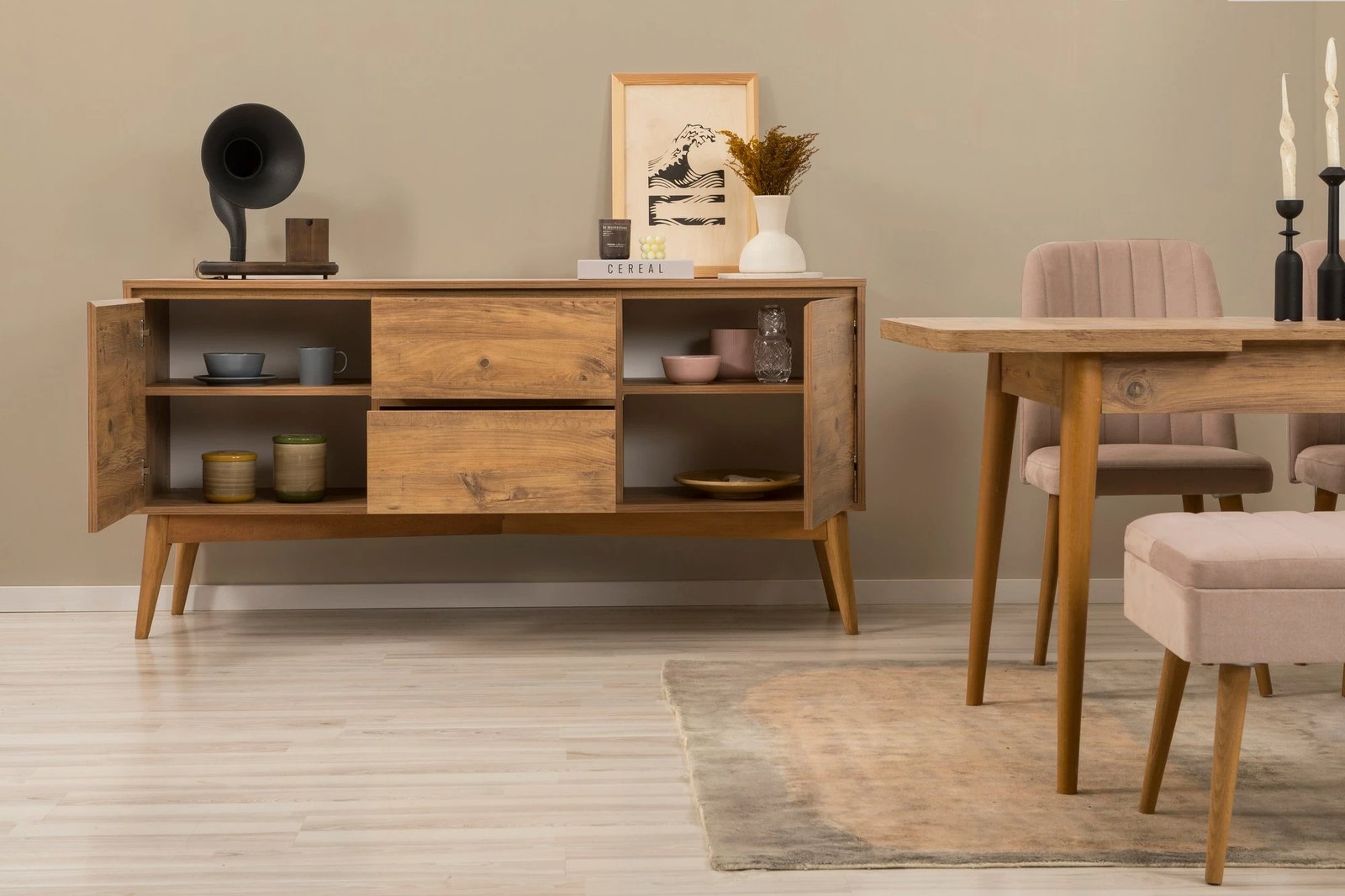 Set tavoline me karrige, bankë, konsolë, zgjatje, 6 pjesë, Skye Decor, Vina Bench 04 0900, ngjyrë Atlantic Pine, Stone