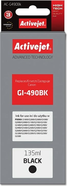 Ngjyrë zëvendësuese Activejet AC-G490Bk për printer Canon, 135ml, e zezë