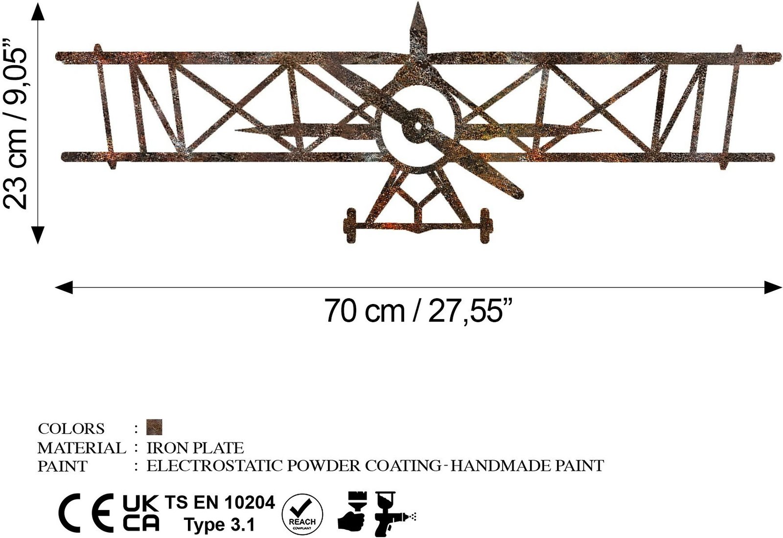 Aksesor dekorativ metalik për mur, aeroplan me pamje të vjetër, Wallity
