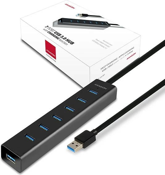 Hub USB 7-portësh AXAGON HUE-SA7BP, alumini, me adapter AC, i zi
