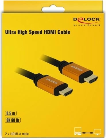 Kabllo HDMI DeLOCK 85726, 0.5m, 48 Gbit/s, 8K, e zezë/artë