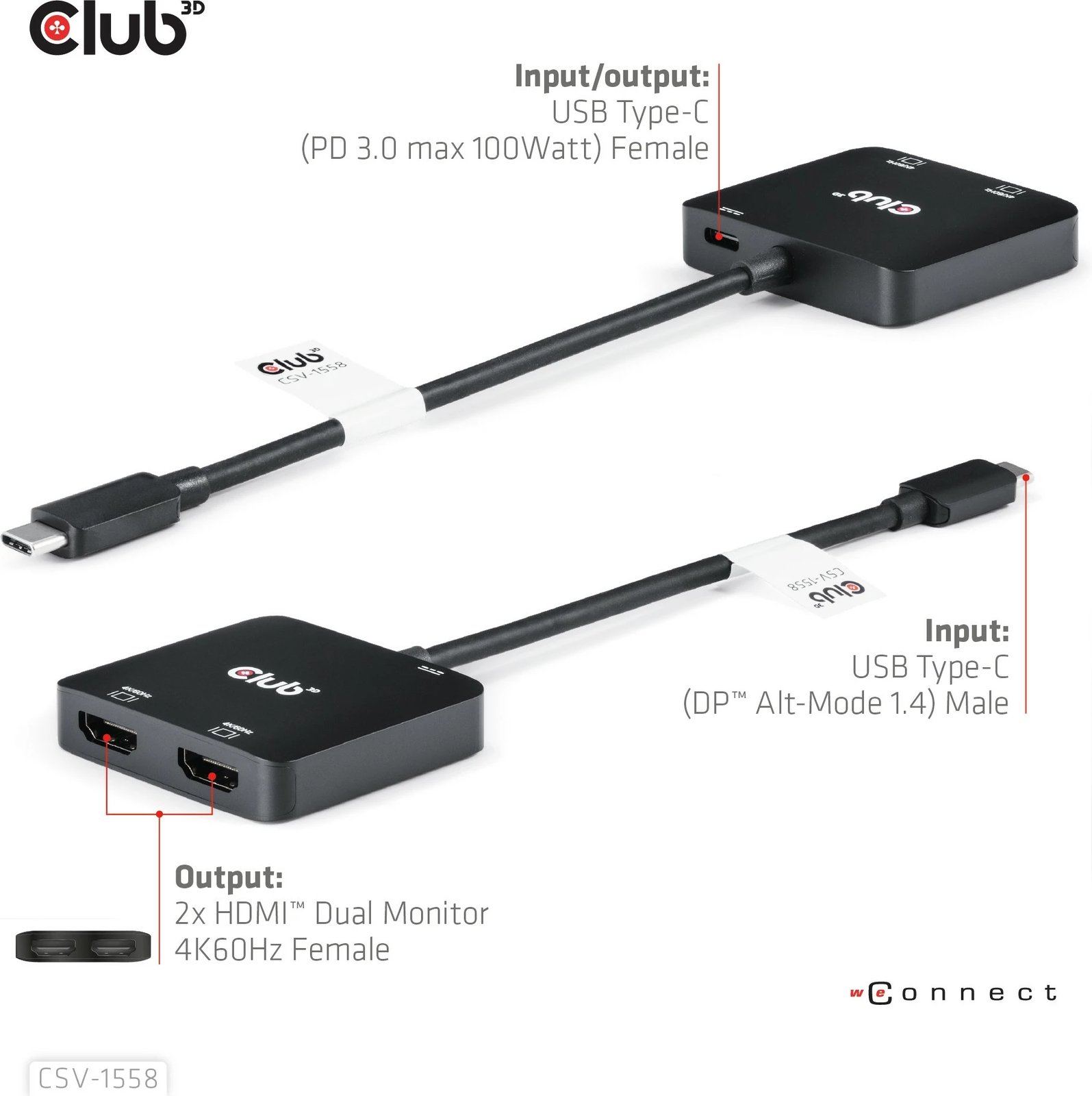 Adapter Club3D MST-Hub USB Type-C në 2x HDMI 4K60Hz + 100W PD, i zi