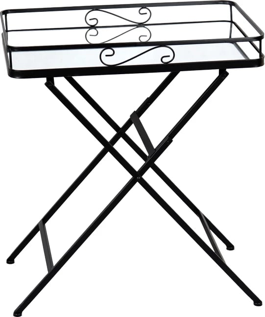 Tavolinë e palosshme, metal i zi, xham pasqyrë, 60x38x68 cm