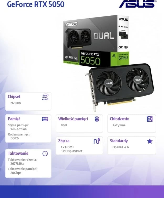 Kartelë grafike Asus GeForce RTX 5050 DUAL OC, 8GB GDDR6, 128-bit, e zezë