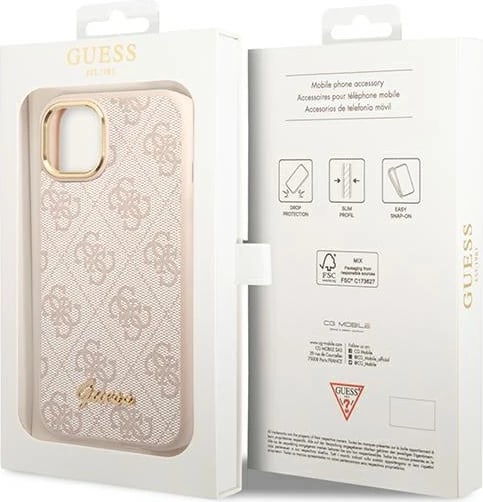 Mbështjellës Guess 4G Vintage Gold Logo për iPhone 14, Rozë
