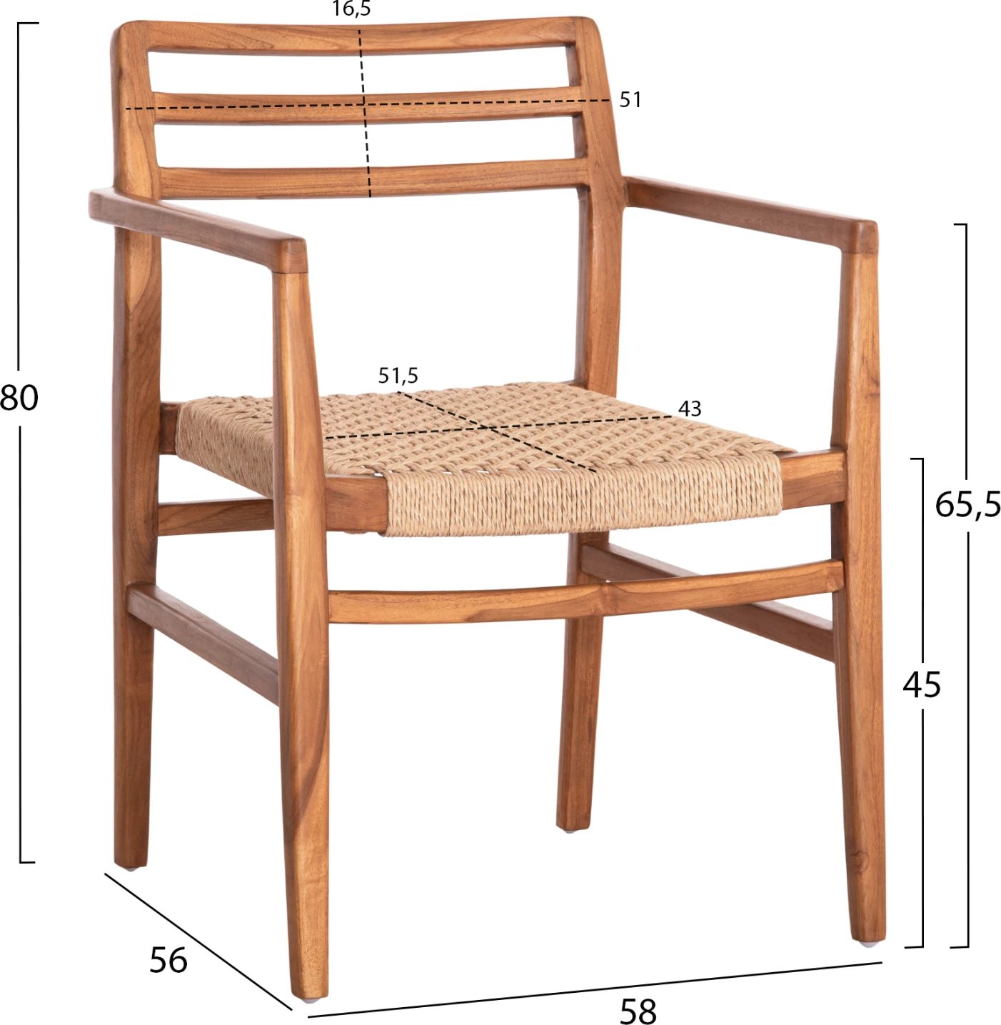 Karrige për ngrënie, HERRIN, dru tik, litar VIRO, 58x56x80H cm