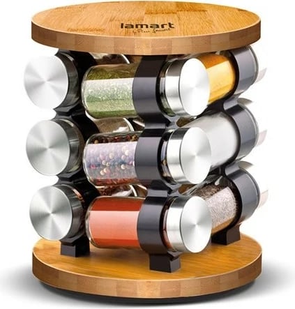 Set kavanozësh qelqi për erëza, Lamart LT7051, bazë rrotulluese bambu, 85 ml secili, 19x19x22.5 cm, argjendtë/transparent/dru, set 12 copë