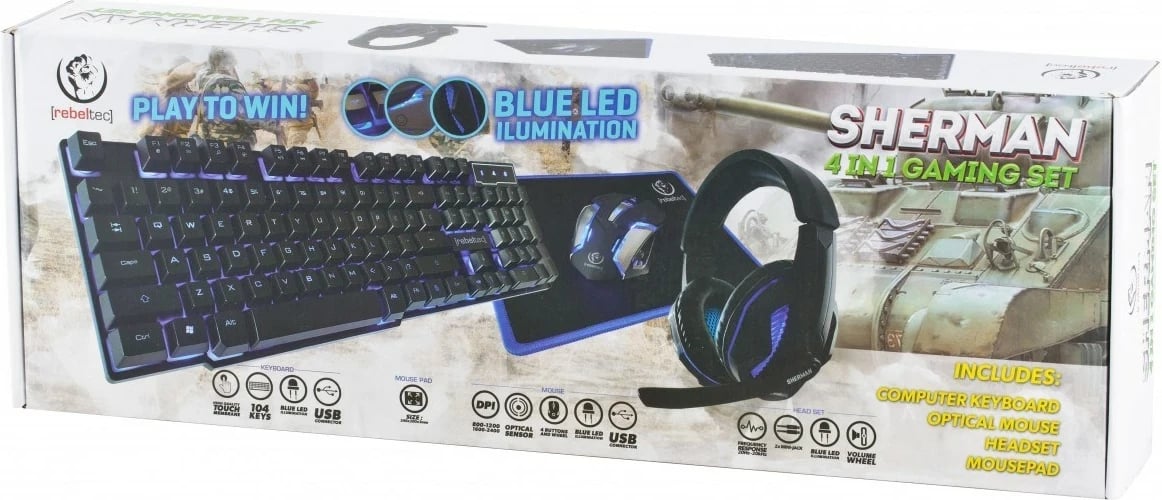 Set gaming Rebeltec SHERMAN, tastierë QZERTY, maus, kufje, USB, e zezë