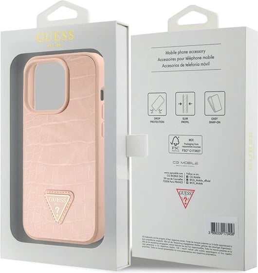 Mbështjellës Guess Croco Triangle Metal Logo për iPhone 15 Pro Max, Rozë Mbështjellës Guess Croco Triangle Metal Logo për iPhone 15 Pro Max, Rozë