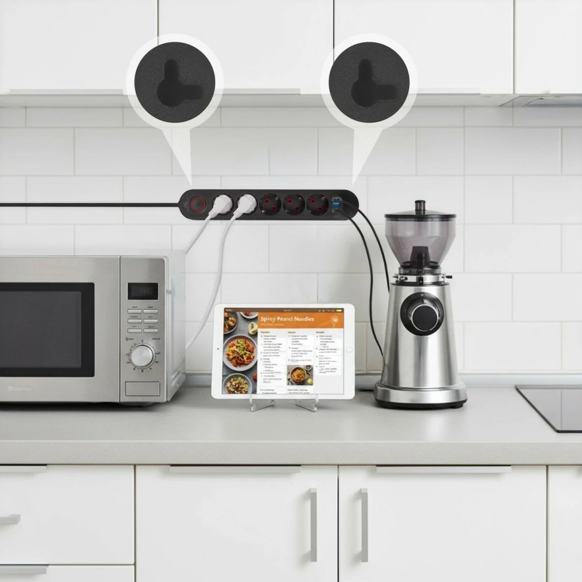 Zgjatues shumëprizash Maclean MCE395 B 5xSchuko 3xUSB 2.1A 2500W 1.5 m, i zi