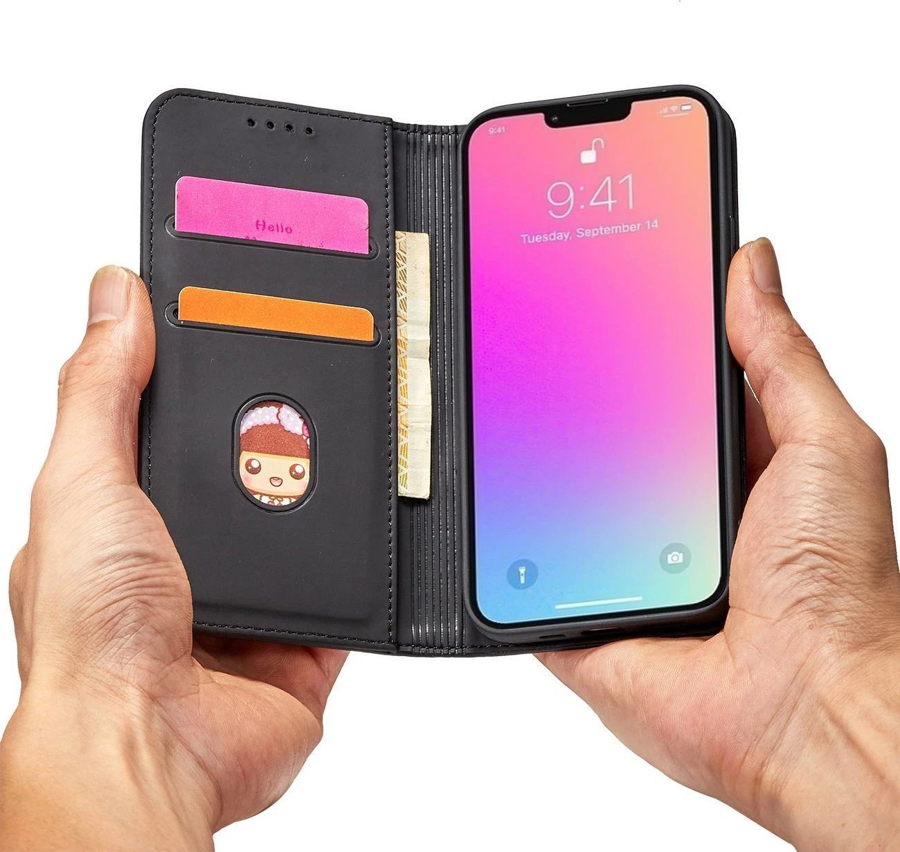 Mbështjellës Hurtel Magnet Card Case për iPhone 14 Pro Max, me kapak, xhep për karta, i zi