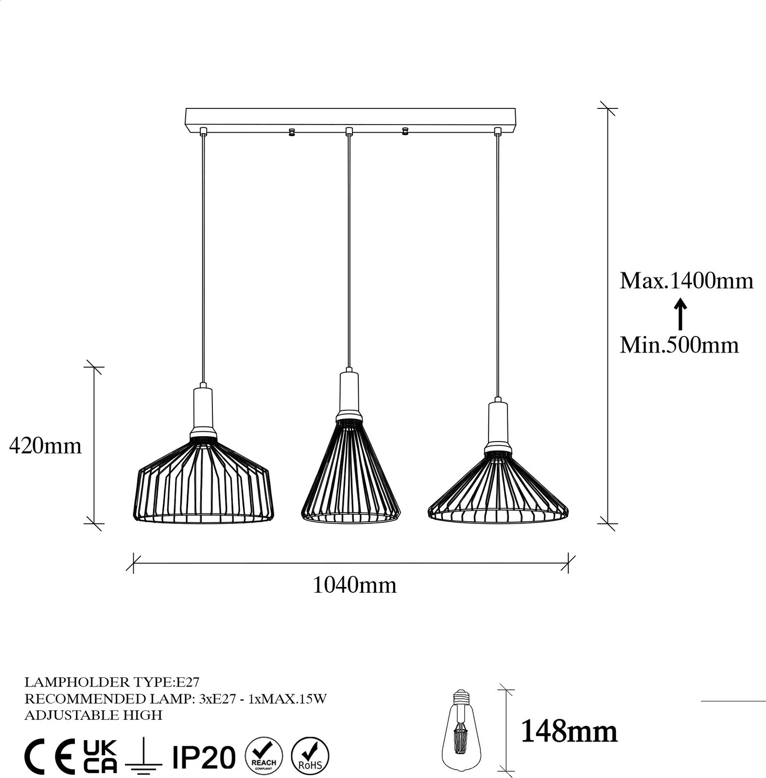 Llambë tavani Opviq, Dear - 11220, metal, ngjyrë e zezë dhe antike, 104x34cm