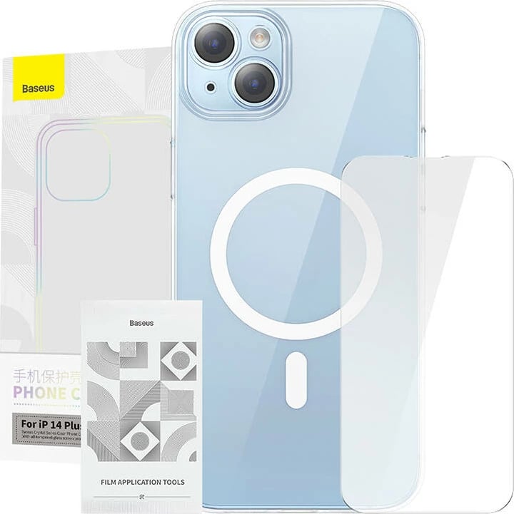 Mbështjellës Baseus Crystal Series me magnet për iPhone 14 Plus + xham i temperuar, transparent