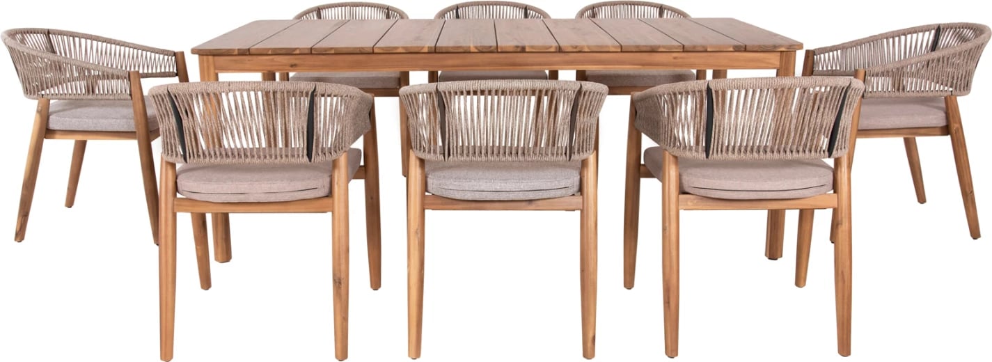 Tavolinë me karrige për terasë 9 pjesë NAVANT FH21066.02, tavolinë me 8 karrige, dru akacie, litar najloni, ngjyrë bezhë