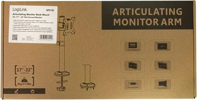 Mbajtës monitori për tavolinë, LogiLink BP0108, 17-32 inch, çelik, VESA 75x75/100x100, ngarkesë 8 kg, i zi