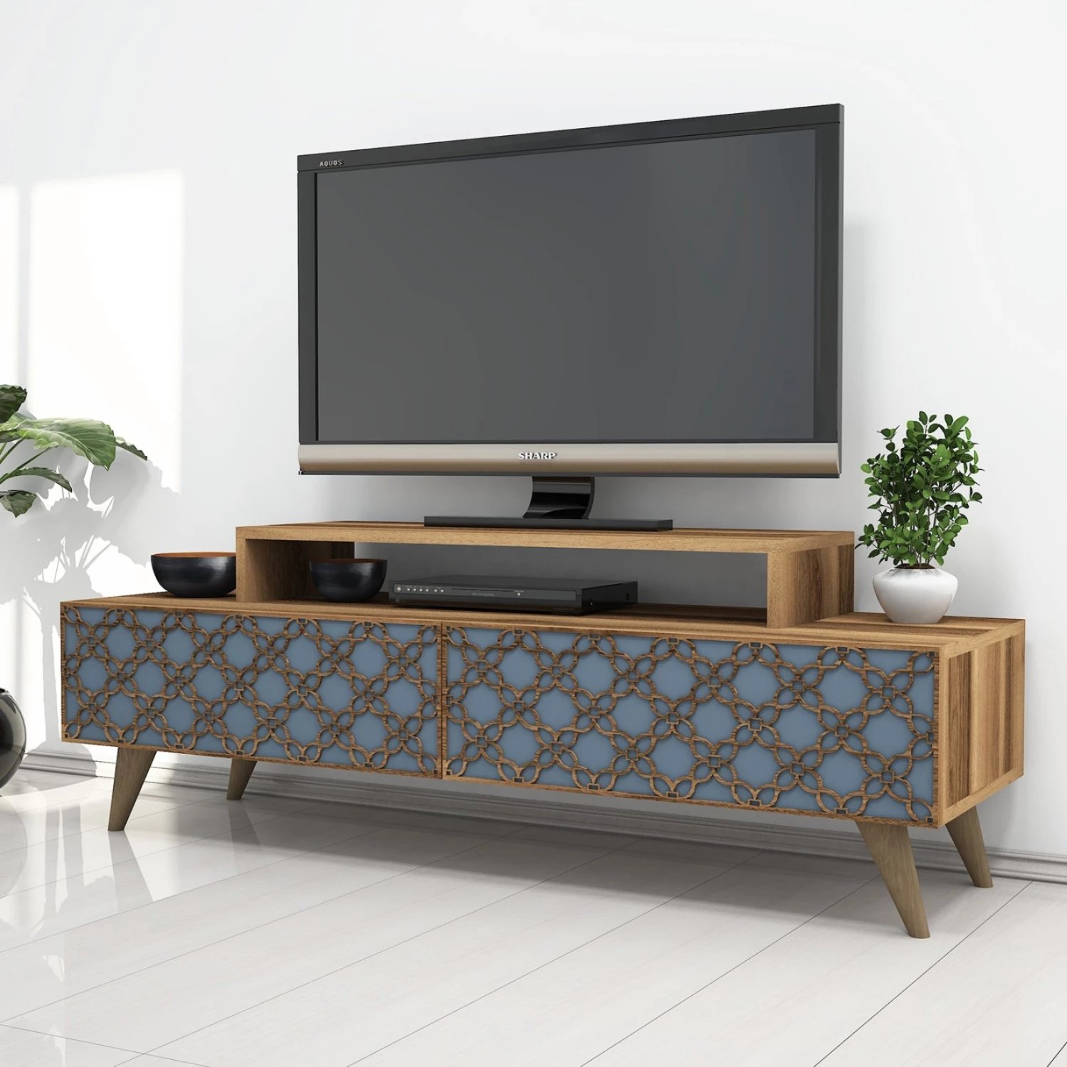 Stendë TV melamine, ngjyrë arre dhe qiellore, FH9510.02, 140x41.8x48.8H cm