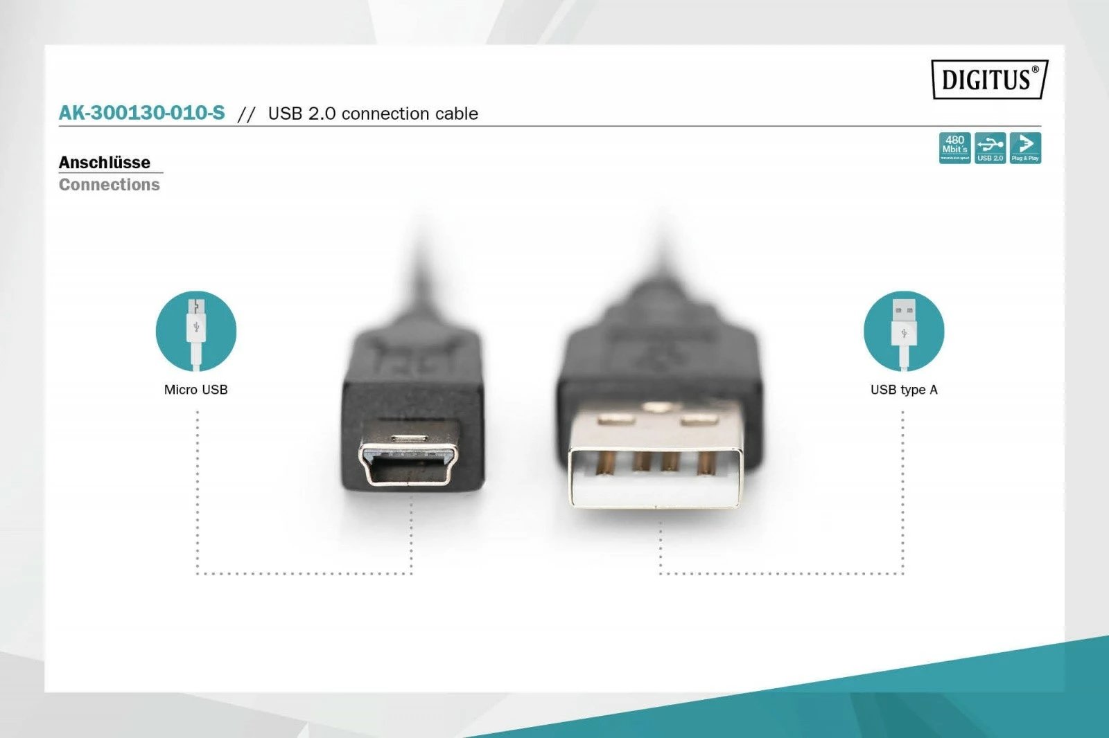 Kabllo USB 2.0 Digitus AK-300130-010-S, USB A në mini USB B, 1m, e zezë