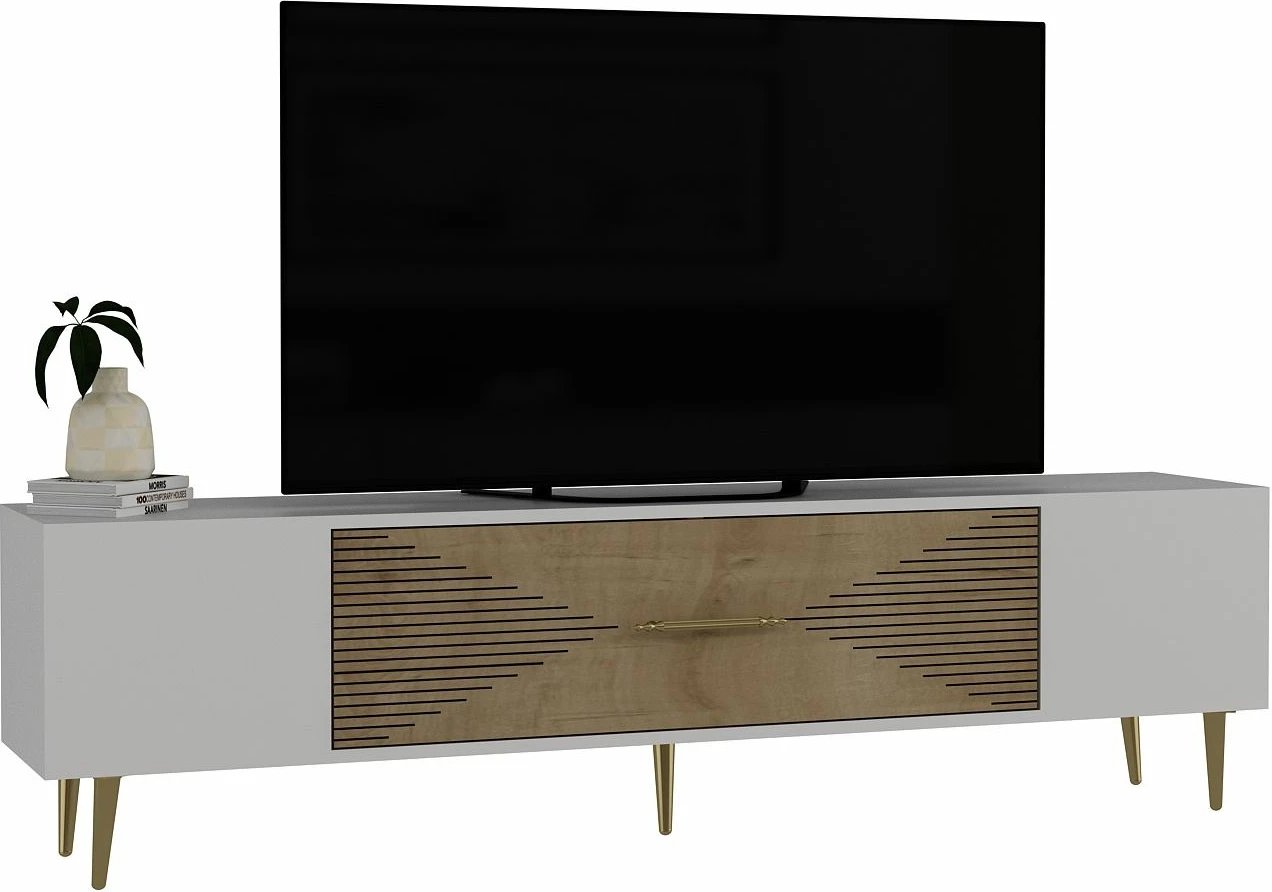 Komodë TV Skye Decor, e bardhë, lisi Sapphire, ari, Dekol1