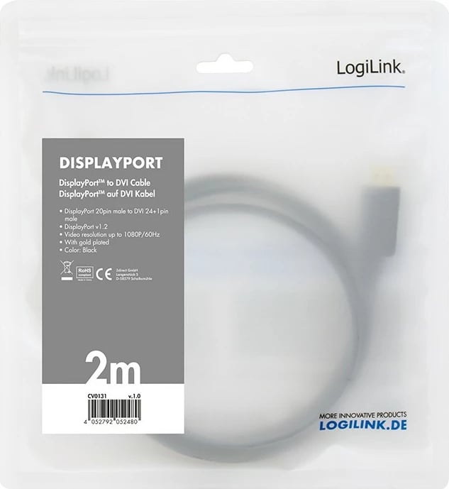 Kabllo DisplayPort në DVI LogiLink CV0131, 2m, e zezë