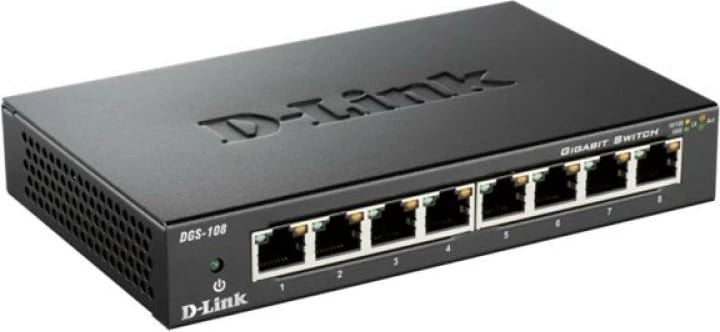 Switch D-Link DGS-108 8 porta Gigabit 10/100/1000, kasë metalike, pa ventilator, i zi