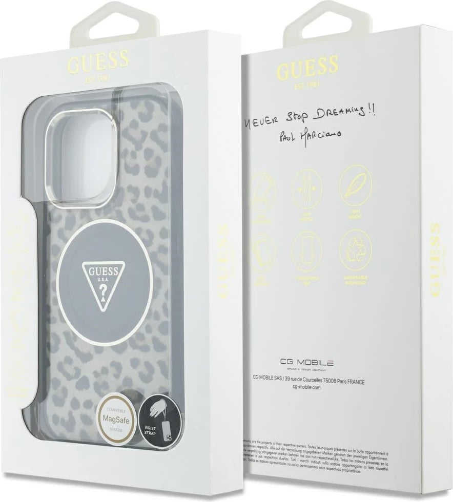 Mbështjellës Guess HC IML Leopard Triangle Cord Strap për iPhone 16 Pro, MagSafe, Kafe