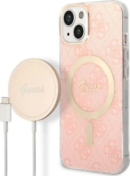 Set mbështjellës Guess GUBPP14MH4EACSP me karikues wireless për iPhone 14 Plus 6.7", rozë